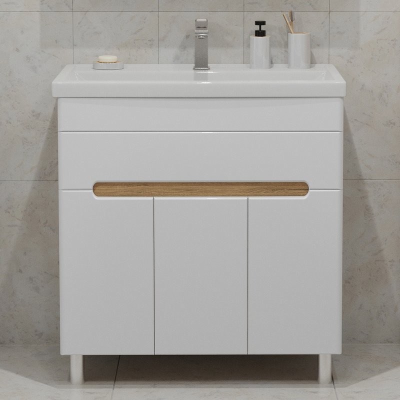 Тумба с раковиной SanStar Модена 80 напольная, глянцевая белая, дуб вотан, раковина Фостер 80