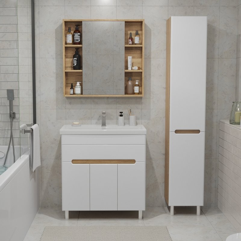 Тумба с раковиной SanStar Модена 80 напольная, глянцевая белая, дуб вотан, раковина Фостер 80