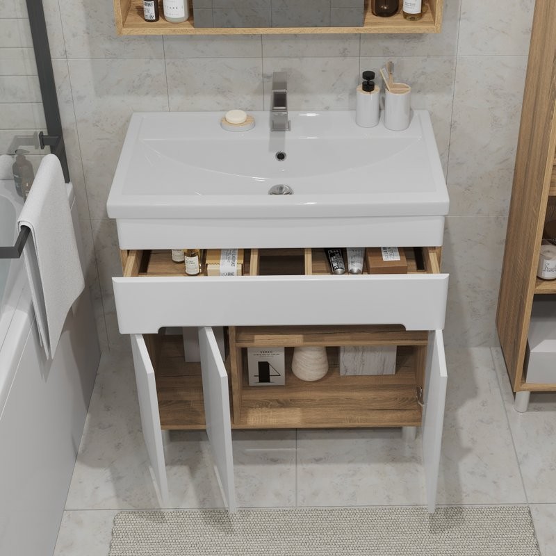 Тумба с раковиной SanStar Модена 80 напольная, глянцевая белая, дуб вотан, раковина Фостер 80