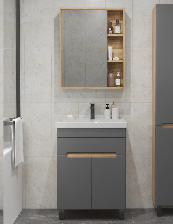 Мебель для ванной комнаты SanStar Модена 60 напольная, графит софт, дуб вотан, раковина Fest 60
