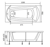 Акриловая ванна 1MarKa Elegance Стандарт 1+ 120x70 см, пристенная, белая, на ножках, с экраном, со сливом-переливом