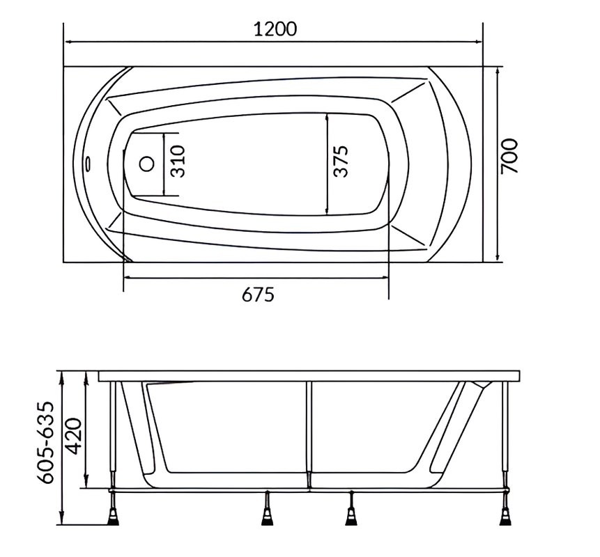 Акриловая ванна 1MarKa Elegance Стандарт 1+ 120x70 см, пристенная, белая, на ножках, с экраном, со сливом-переливом