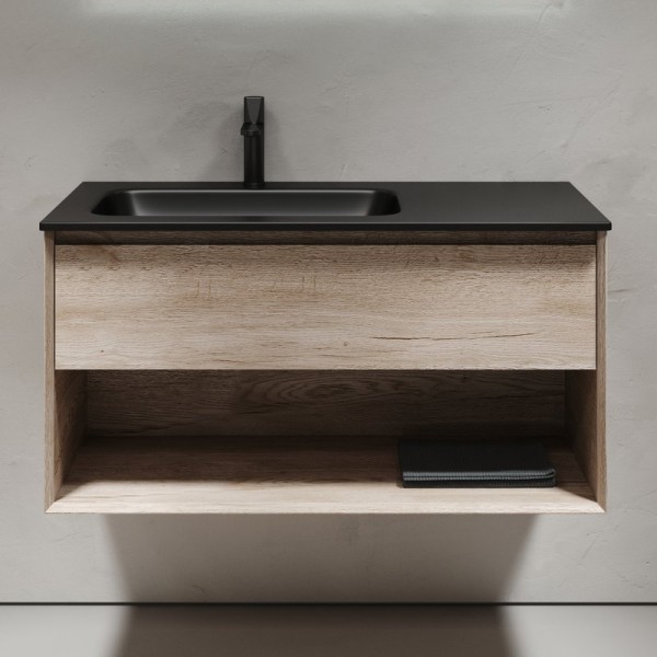 Тумба с раковиной Sancos Marmi 1.0 100 L черная раковина, дуб галифакс натуральный