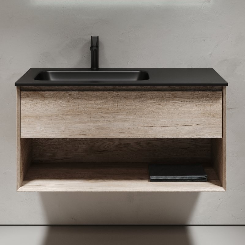 Тумба с раковиной Sancos Marmi 1.0 100 L черная раковина, дуб галифакс натуральный