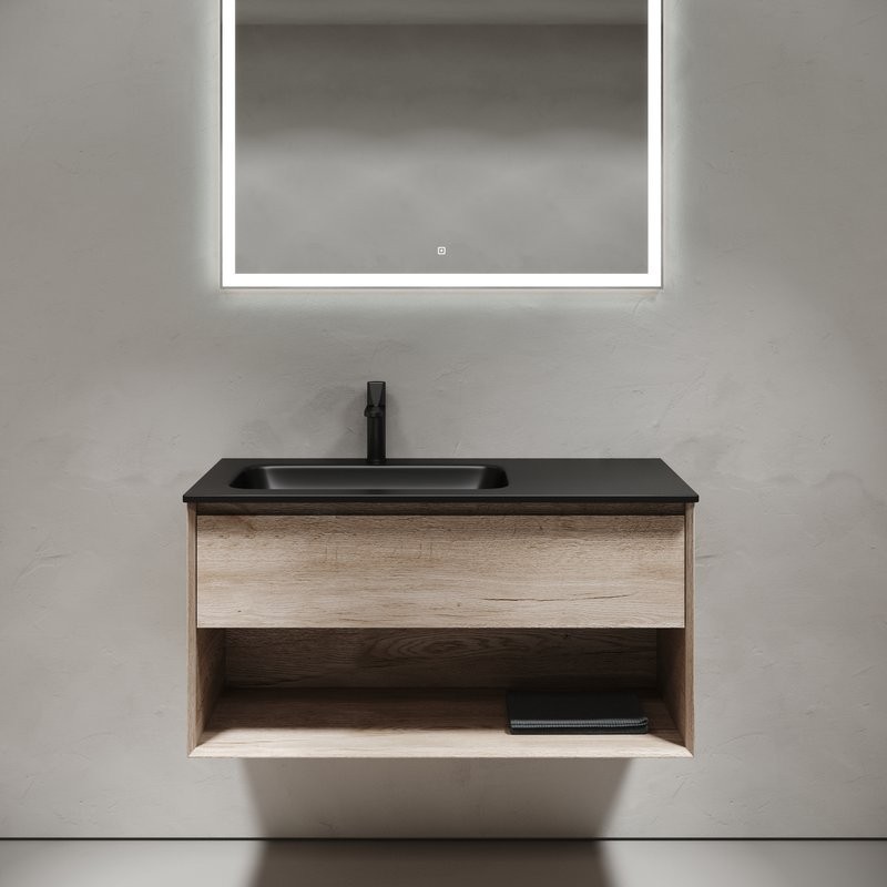 Тумба с раковиной Sancos Marmi 1.0 100 L черная раковина, дуб галифакс натуральный