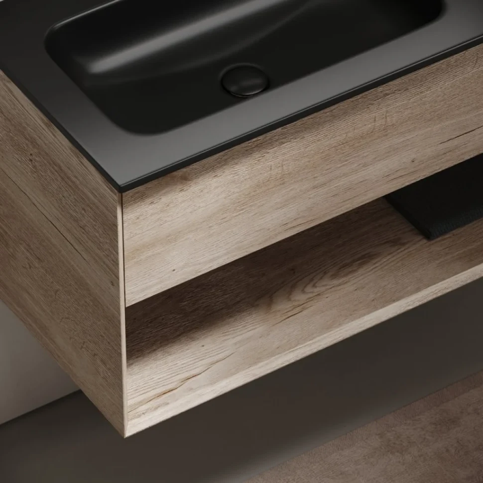 Тумба с раковиной Sancos Marmi 1.0 100 L черная раковина, дуб галифакс натуральный