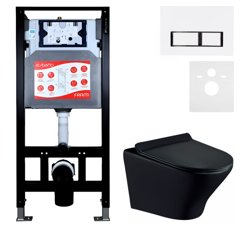 Комплект Унитаз подвесной Esbano Aster ESUPASTEBM матовый черный + Инсталляция Fram + Кнопка ESINPRK12GW