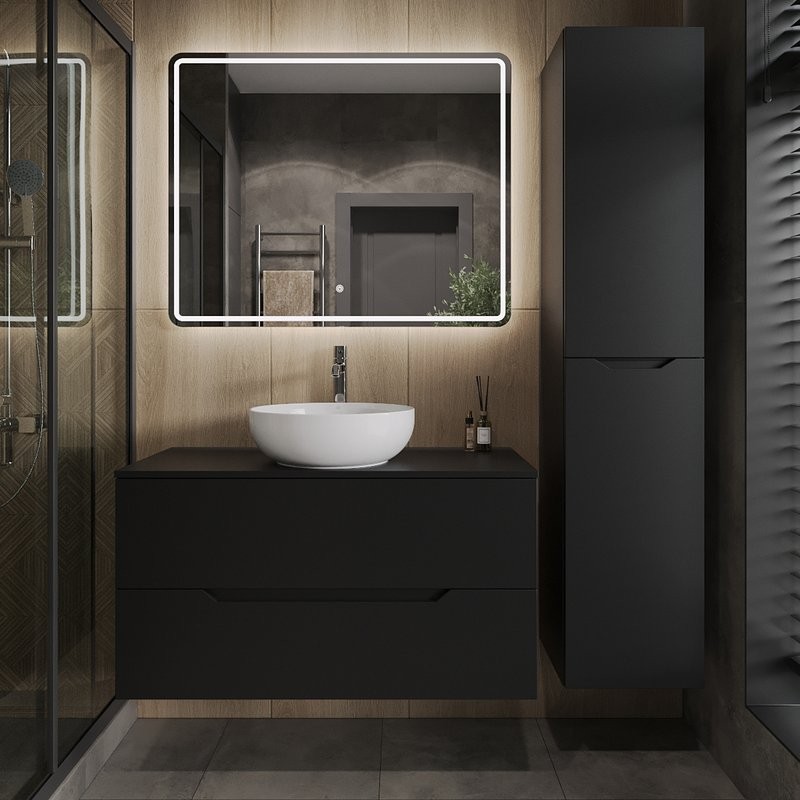 Мебель для ванной комнаты Orange Line 100 подвесная, 2 ящика, матовая черная с раковиной B07-420W