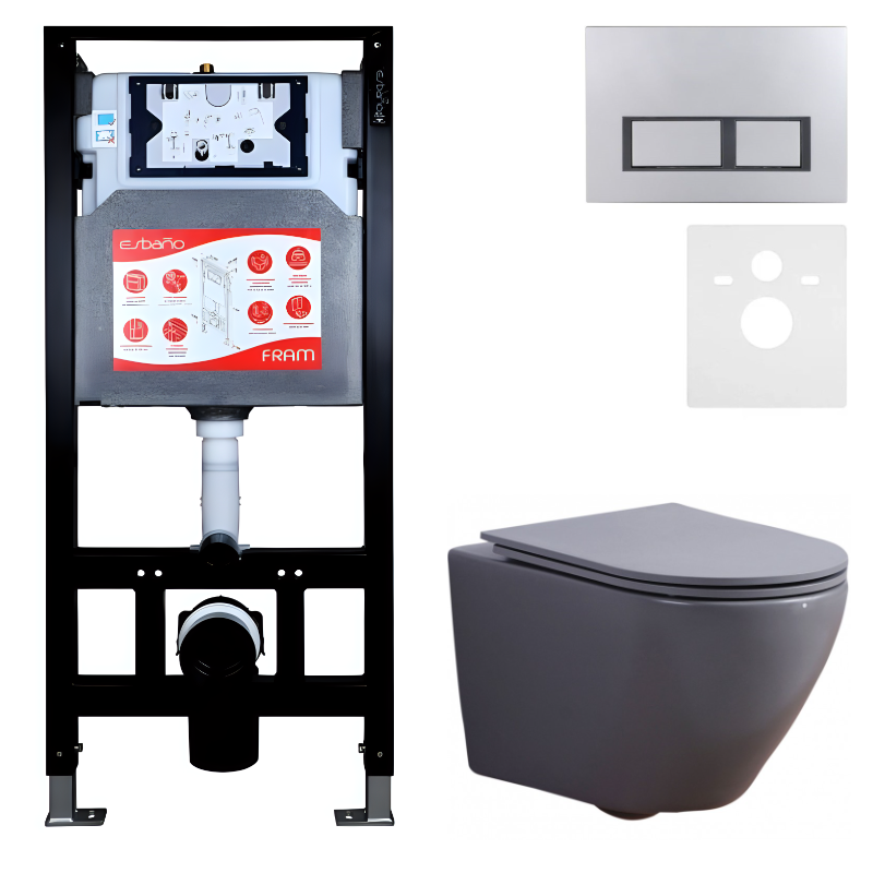 Комплект 3 в 1 Унитаз подвесной Esbano Azalea ESUPAZALGM + Инсталляция Fram + Кнопка ESINPRK12MC цвет матовый хром