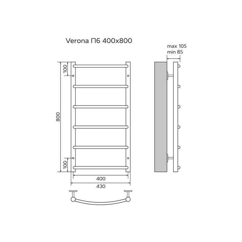 Полотенцесушитель Azario VERONA 400/800 водяной 6 пер. (1"-1/2" Полированный)