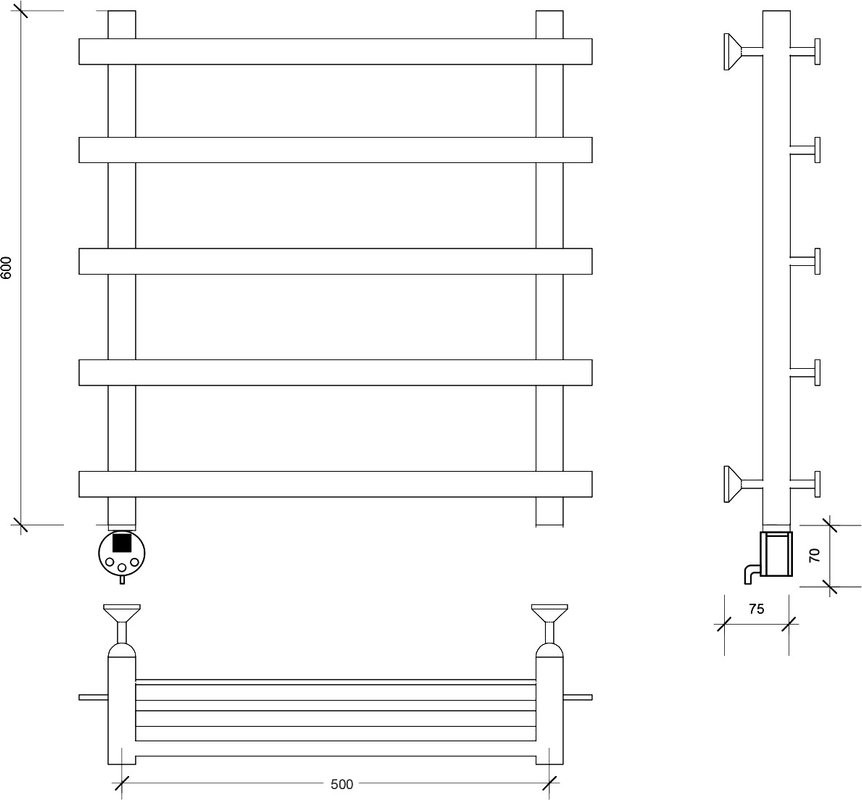 Полотенцесушитель электрический Secado Понтида 1, L 60x60 см, подключение слева, матовый черный, лесенка