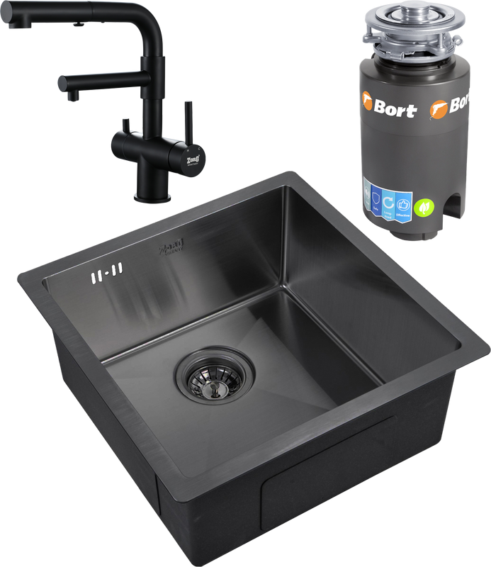 Комплект Мойка Zorg Inox PVD 4444 grafit + Смеситель Sanitary SZR-3216 Grafit графит + Измельчитель Bort Titan 4000