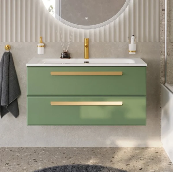 Тумба с раковиной Cezares Eco Cer-N 100 фисташковый софт, раковина Eco 100, ручки сатиновое золото