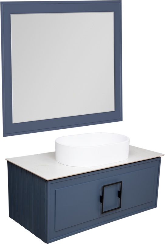 Мебель для ванной комнаты La Fenice Cubo 100 подвесная, синяя, ручка черная, столешница белый мрамор, раковина матовая белая