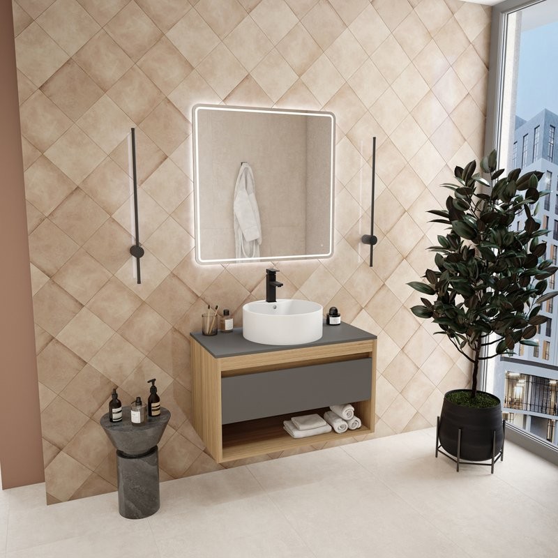 Тумба с раковиной Teymi Ritta 85 дуб эврика, матовый графит, раковина Lina S D40