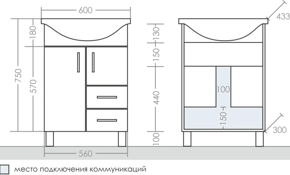 Тумба с раковиной СаНта Грация 60 2 двери, 2 ящика