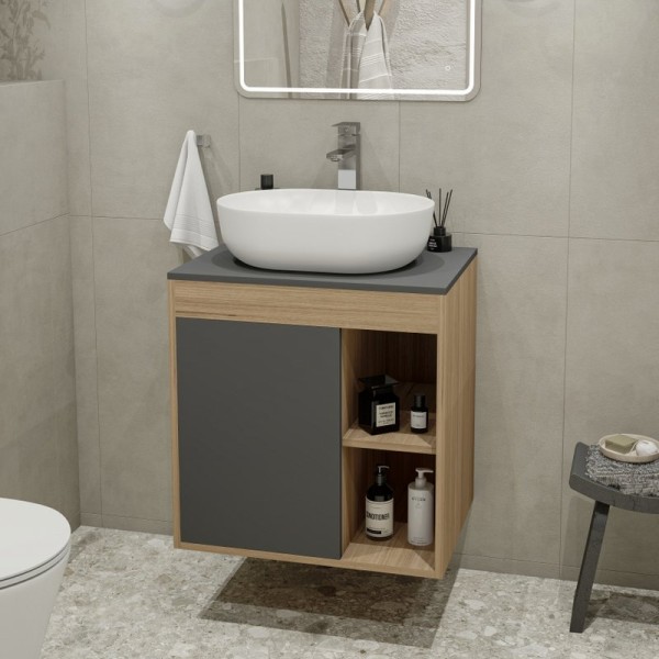 Тумба с раковиной Teymi Nura 60 дуб эврика, матовый графит, раковина Solli 48