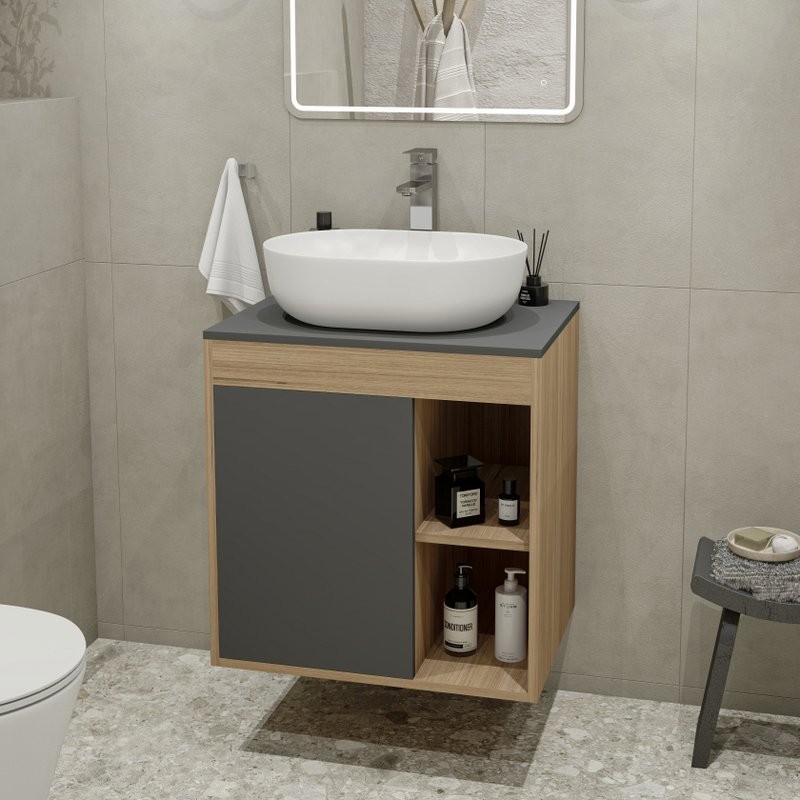 Тумба с раковиной Teymi Nura 60 дуб эврика, матовый графит, раковина Solli 48