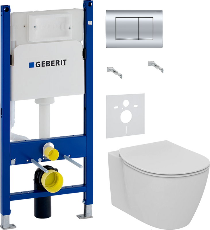 Комплект Унитаз подвесной Ideal Standard Connect AquaBlade E047901 + Крышка E772401 с микролифтом + Инсталляция Geberit Duofix Delta 458.163.21.1 с кнопкой смыва, хром + Звукоизоляция