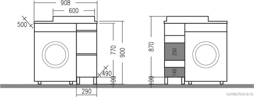 Тумба с раковиной СаНта Марс 29 R под стиральную машину, напольная, 2 ящика, белая