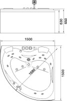 Акриловая ванна Orans 6012X00 150x150 см, угловая, пристенная, с гидромассажем, белая, четверть круга, с каркасом, для двоих, с экраном, со смесителем, со сливом-переливом, с подголовником