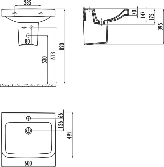 Раковина Creavit Lara 60 глянцевая белая, прямоугольная, с полупьедесталом