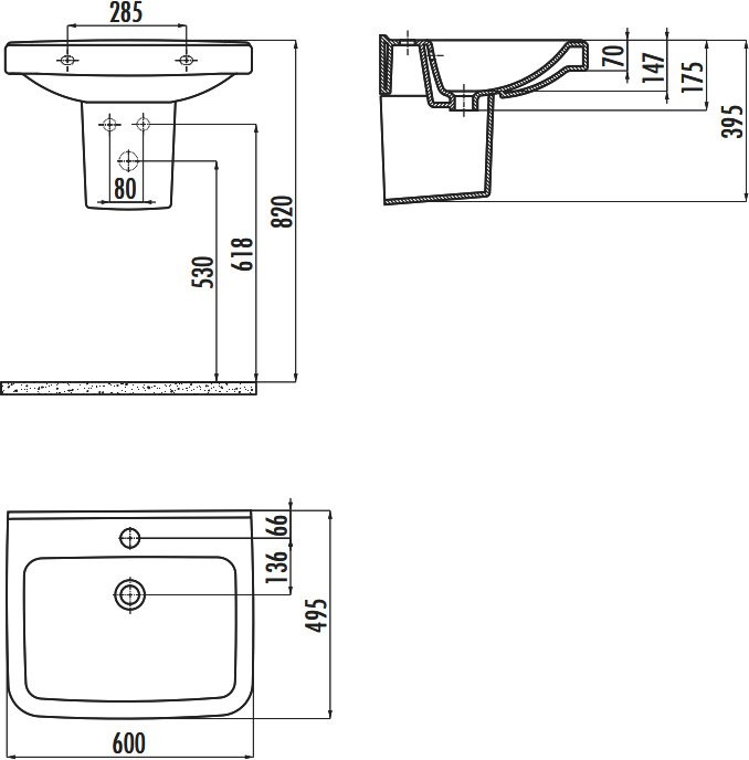 Раковина Creavit Lara 60 глянцевая белая, прямоугольная, с полупьедесталом
