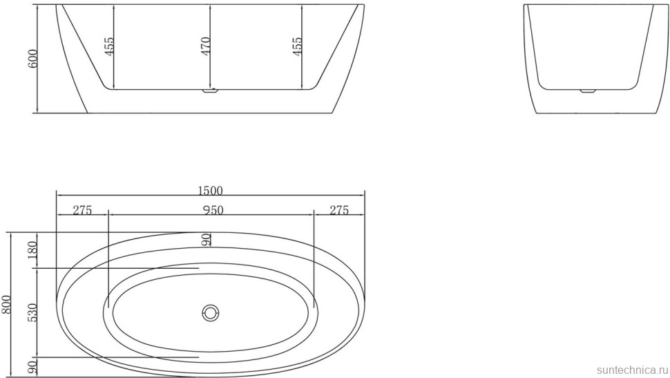 Акриловая ванна BelBagno BB404-1500-800 без опоры 150x80 см, отдельностоящая, белая, овальная, со сливом-переливом