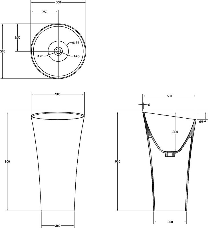 Раковина напольная Abber Stein AS2509 50 матовая белая, круглая, моноблок, искусственный камень
