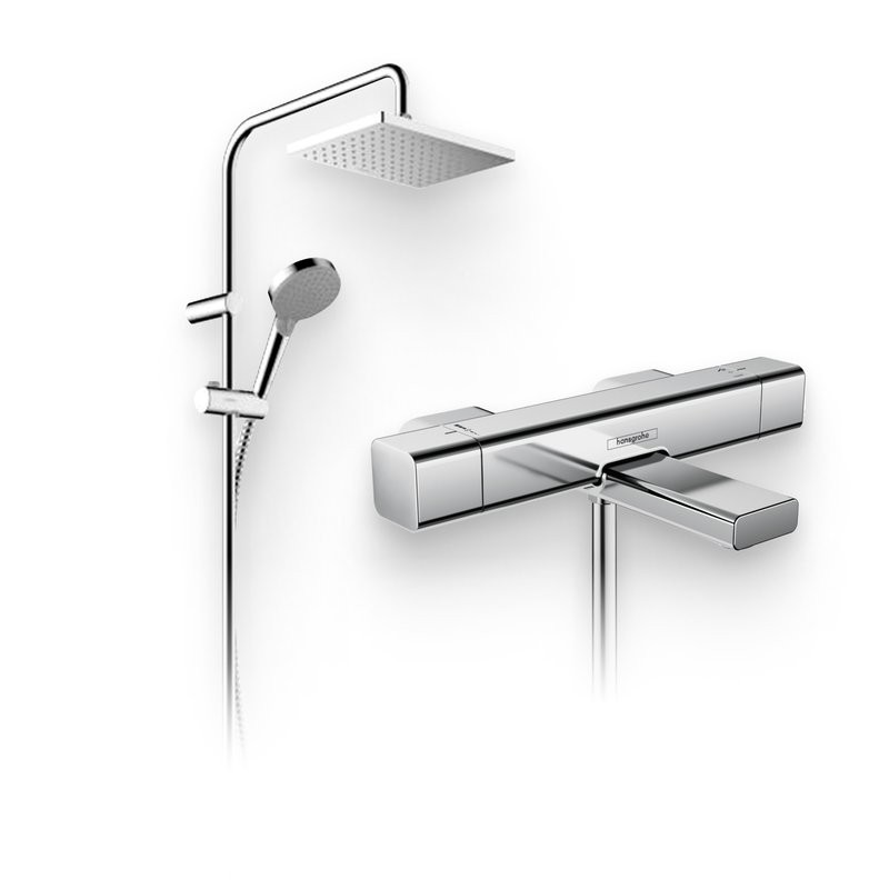 Душевой комплект Термостат Hansgrohe Ecostat E 15774000 для ванны с душем + Стойка Vernis Shape 26282000 Showerpipe 230 1jet Reno хром