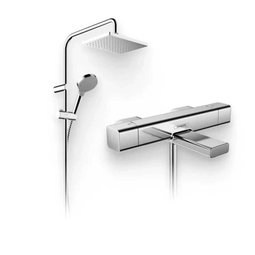 Душевой комплект Термостат Hansgrohe Ecostat E 15774000 для ванны с душем + Стойка Vernis Shape 26282000 Showerpipe 230 1jet Reno хром