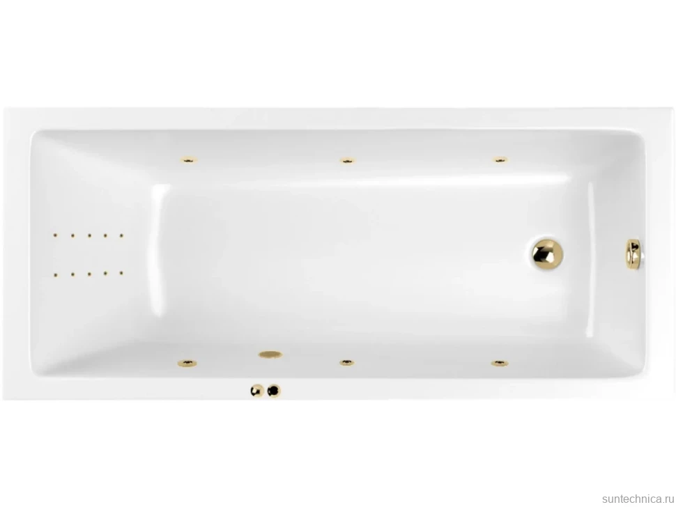 Акриловая ванна WHITECROSS Wave Slim Line Nano 150x70 см, встраиваемая, с гидромассажем, белый глянец, с каркасом, со сливом-переливом, фурнитура золото