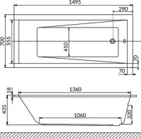 Акриловая ванна WHITECROSS Wave Slim Line Nano 150x70 см, встраиваемая, с гидромассажем, белый глянец, с каркасом, со сливом-переливом, фурнитура золото