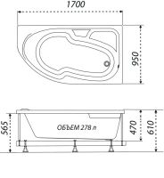 Акриловая ванна Triton София R 170x95 см, угловая, правая, пристенная, белая, асимметричная, с каркасом