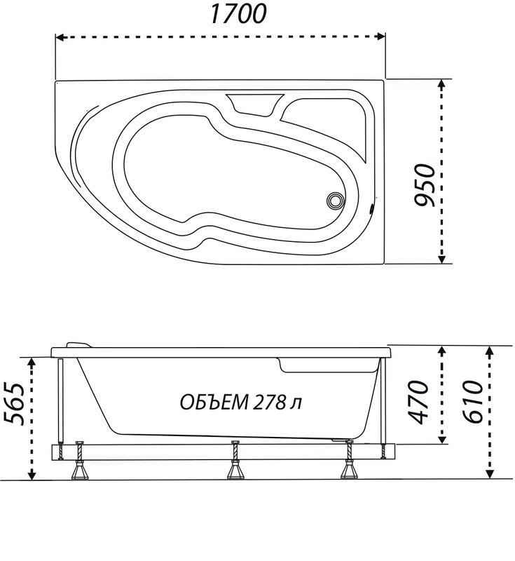 Акриловая ванна Triton София R 170x95 см, угловая, правая, пристенная, белая, асимметричная, с каркасом