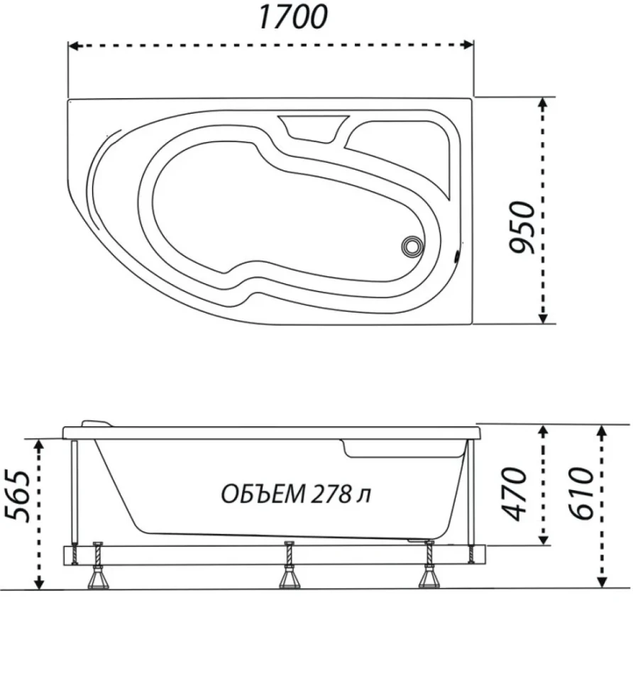 Акриловая ванна Triton София R 170x95 см, угловая, правая, пристенная, белая, асимметричная, с каркасом