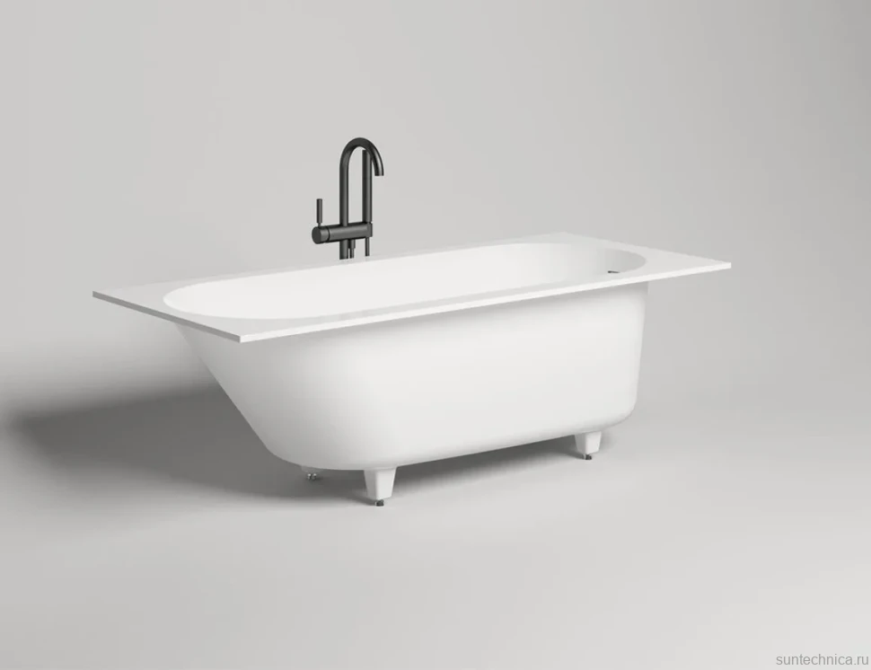 Ванна из искусственного камня Salini Ornella Kit S-Sense 170x75 см, встраиваемая, матовая белая, на ножках, со сливом-переливом, с донным клапаном
