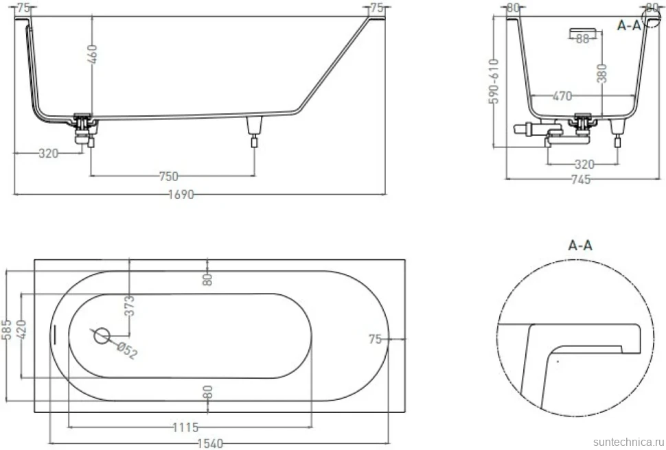 Ванна из искусственного камня Salini Ornella Kit S-Sense 170x75 см, встраиваемая, матовая белая, на ножках, со сливом-переливом, с донным клапаном