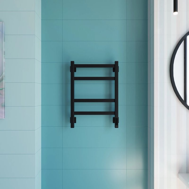 Полотенцесушитель электрический Grota Nosto 430х600 RAL9005 EL 60x45 см, подключение справа, слева, скрытое подключение справа, матовый черный, лесенка, из стали