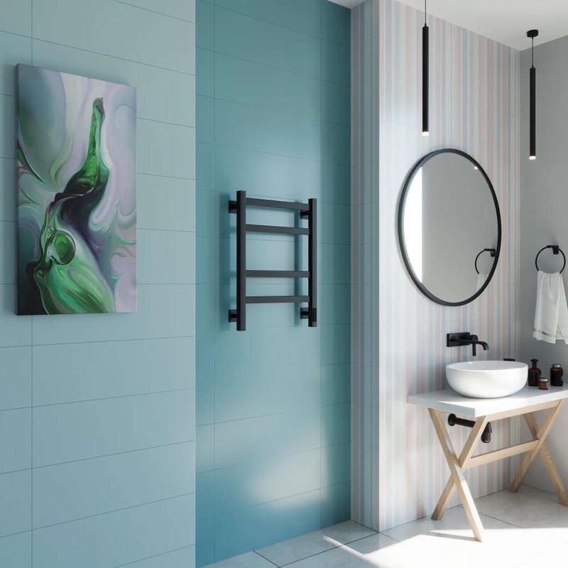 Полотенцесушитель электрический Grota Nosto 430х600 RAL9005 EL 60x45 см, подключение справа, слева, скрытое подключение справа, матовый черный, лесенка, из стали