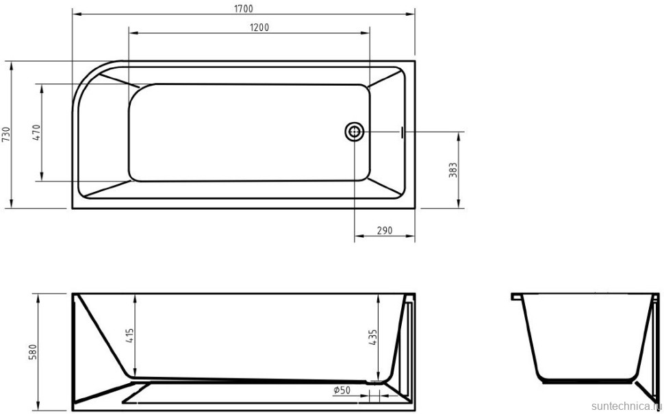 Акриловая ванна BelBagno BB712-1700-730-L 170x75 см, левая, пристенная, белая, асимметричная, на ножках, со сливом-переливом, с донным клапаном