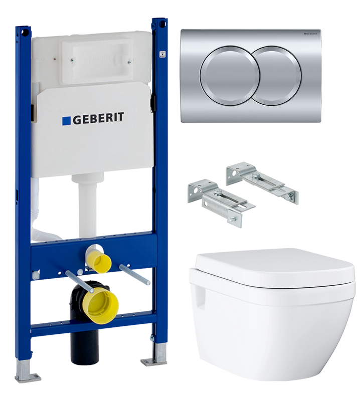 Комплект Унитаз подвесной Grohe Euro Ceramic 39703000 безободковый + Инсталляция Geberit Duofix Delta 458.149.21.1 с кнопкой смыва, хром