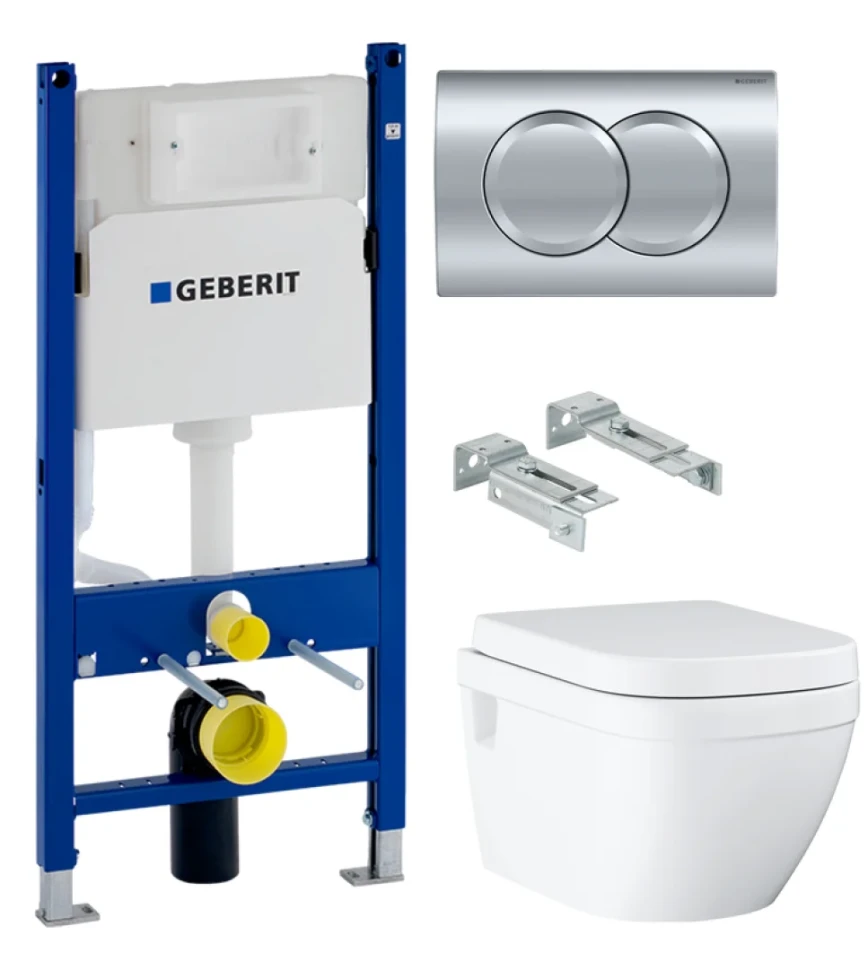 Комплект Унитаз подвесной Grohe Euro Ceramic 39703000 безободковый + Инсталляция Geberit Duofix Delta 458.149.21.1 с кнопкой смыва, хром