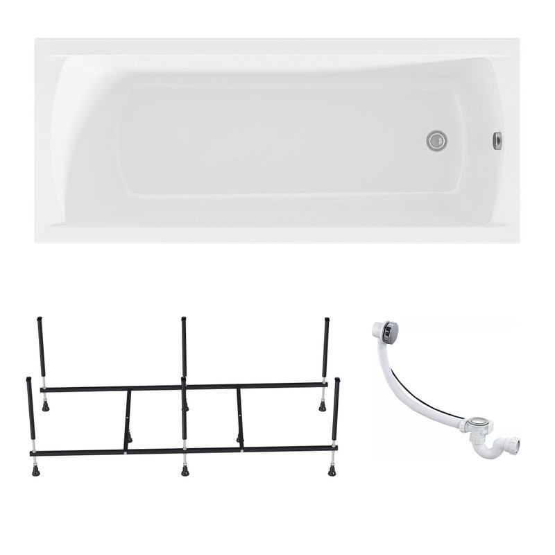 Комплект Акриловая ванна 1MarKa Modern Стандарт 2+ 175x70 см, пристенная, белая, со сливом-переливом