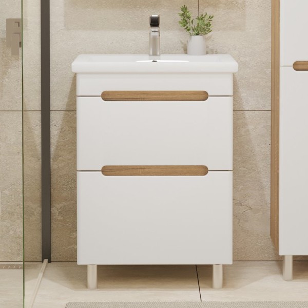 Тумба с раковиной SanStar Diva 50 напольная, матовая белая, дуб вотан, раковина Como 50