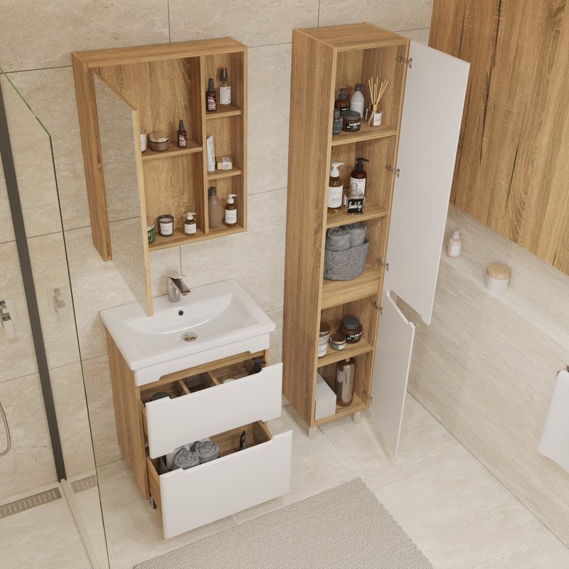 Тумба с раковиной SanStar Diva 50 напольная, матовая белая, дуб вотан, раковина Como 50