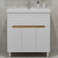 Тумба с раковиной SanStar Модена 80 напольная, глянцевая белая, дуб вотан, раковина Fest 80