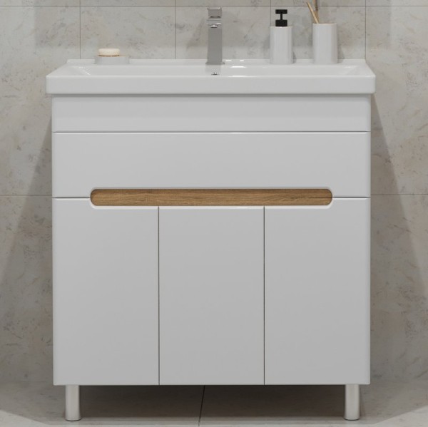 Тумба с раковиной SanStar Модена 80 напольная, глянцевая белая, дуб вотан, раковина Fest 80