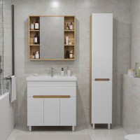 Тумба с раковиной SanStar Модена 80 напольная, глянцевая белая, дуб вотан, раковина Fest 80