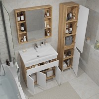 Тумба с раковиной SanStar Модена 80 напольная, глянцевая белая, дуб вотан, раковина Fest 80